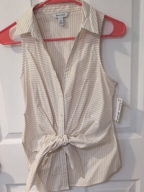 Nine West Cream and Beige Striped Tie-Front Sleeveless Blouse